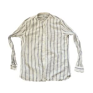 Zara Shirt Mens M Slim Fit Blue Pinstripe White Linen Cotton Blend Longsleeve